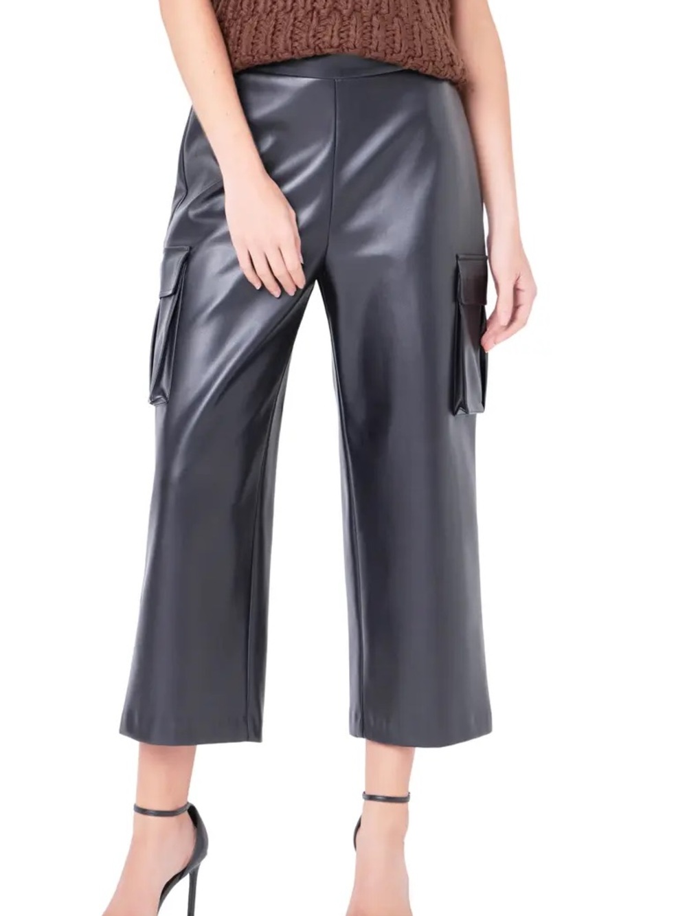 ENGLISH FACTORY Black Faux Leather Cargo Cropped Wide-Leg Pants